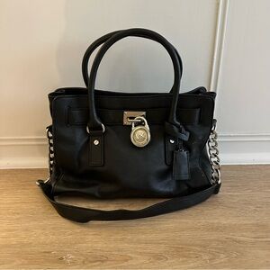 Michael Kors Black Leather Tote with Silver Chain